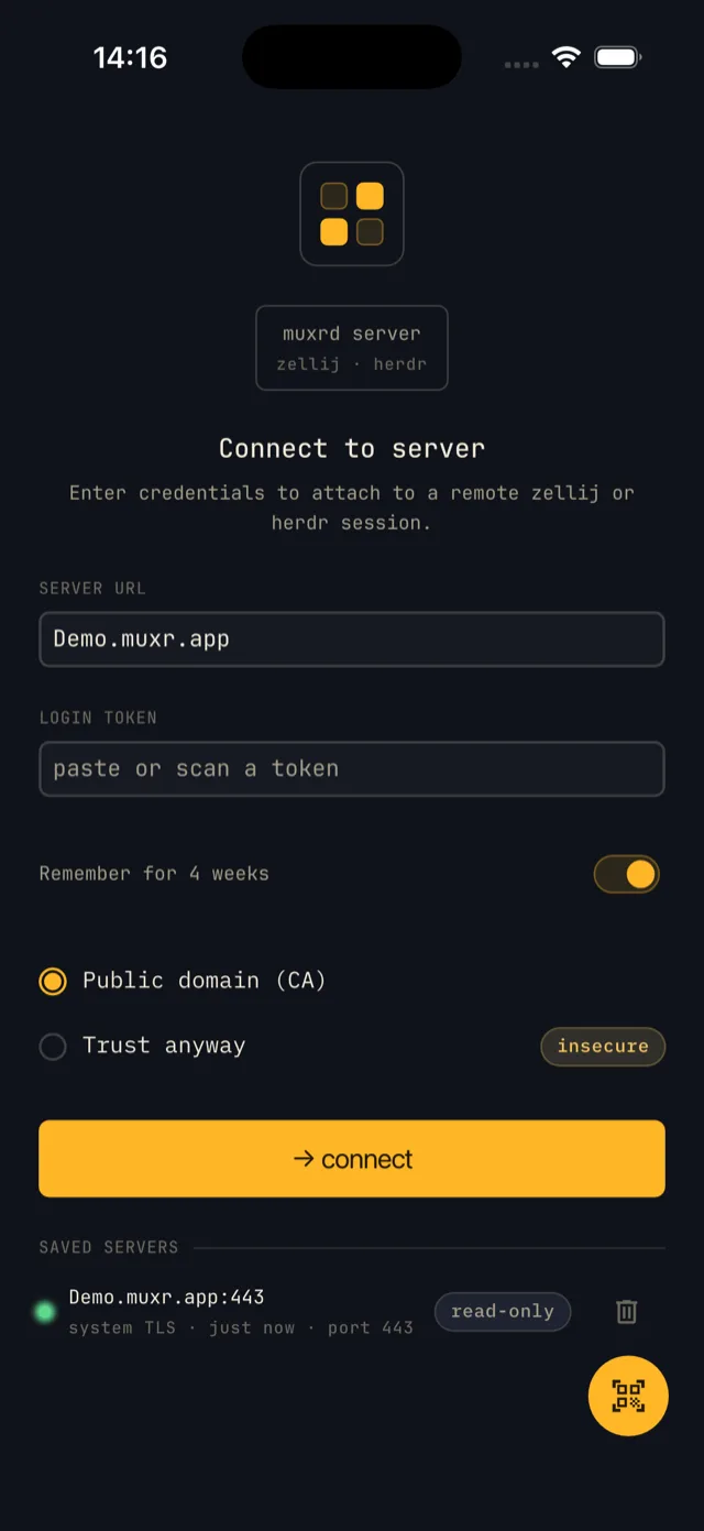 The Connect screen: server URL, login token, Remember for 4 weeks, trust mode, connect button, a saved server and the QR scan button