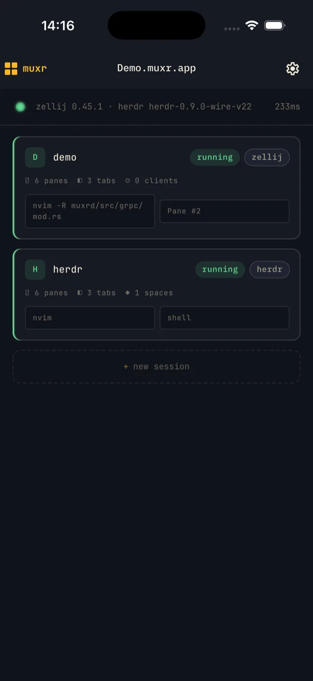 The Sessions screen: zellij and herdr session cards showing pane and tab counts, and the new-session button