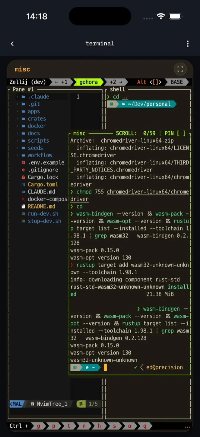 Muxr on an iPhone showing a zellij session with a file tree, a shell and a floating log pane